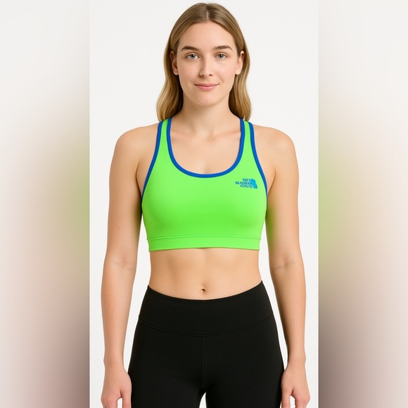 The North Face Reversible Sports Bra Medium Blue Neon Yellow Racerback Athletic - Picture 1 of 5
